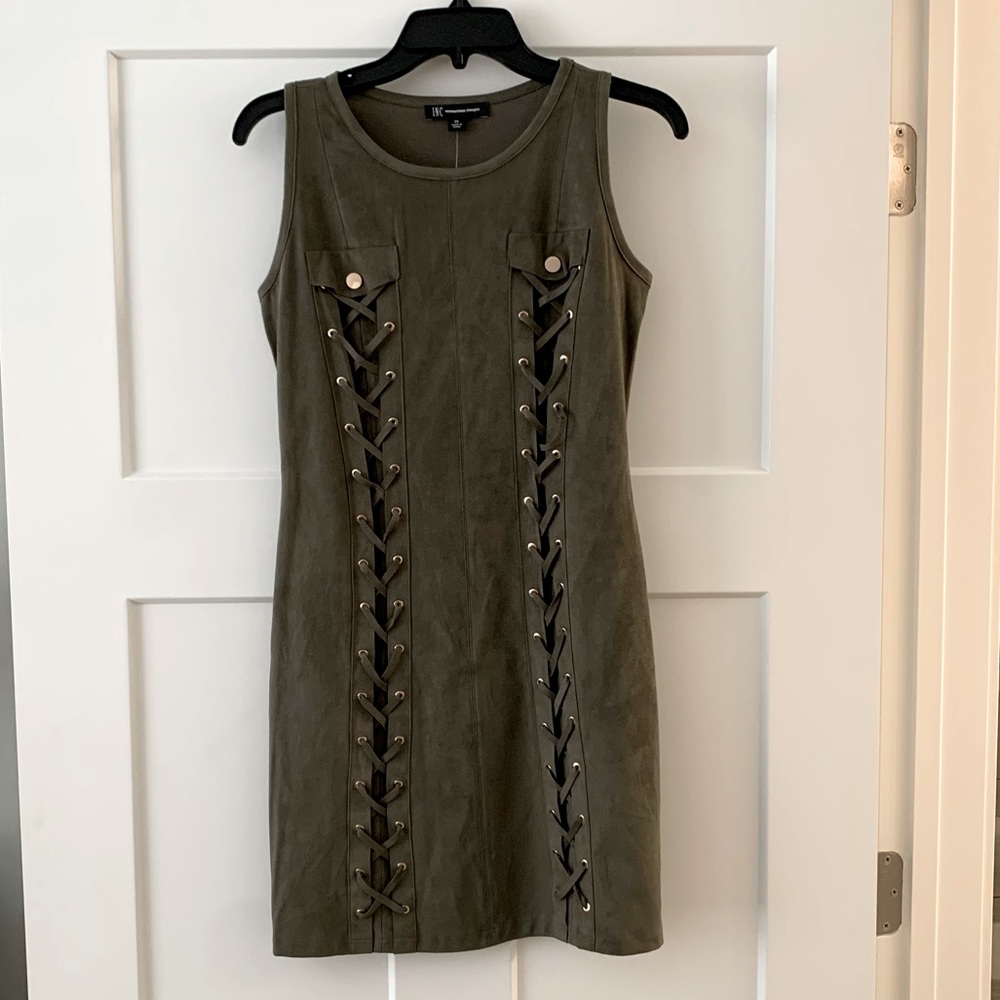 NWT Olive Sheath Dress, Faux-Suede Knit-Back, XS